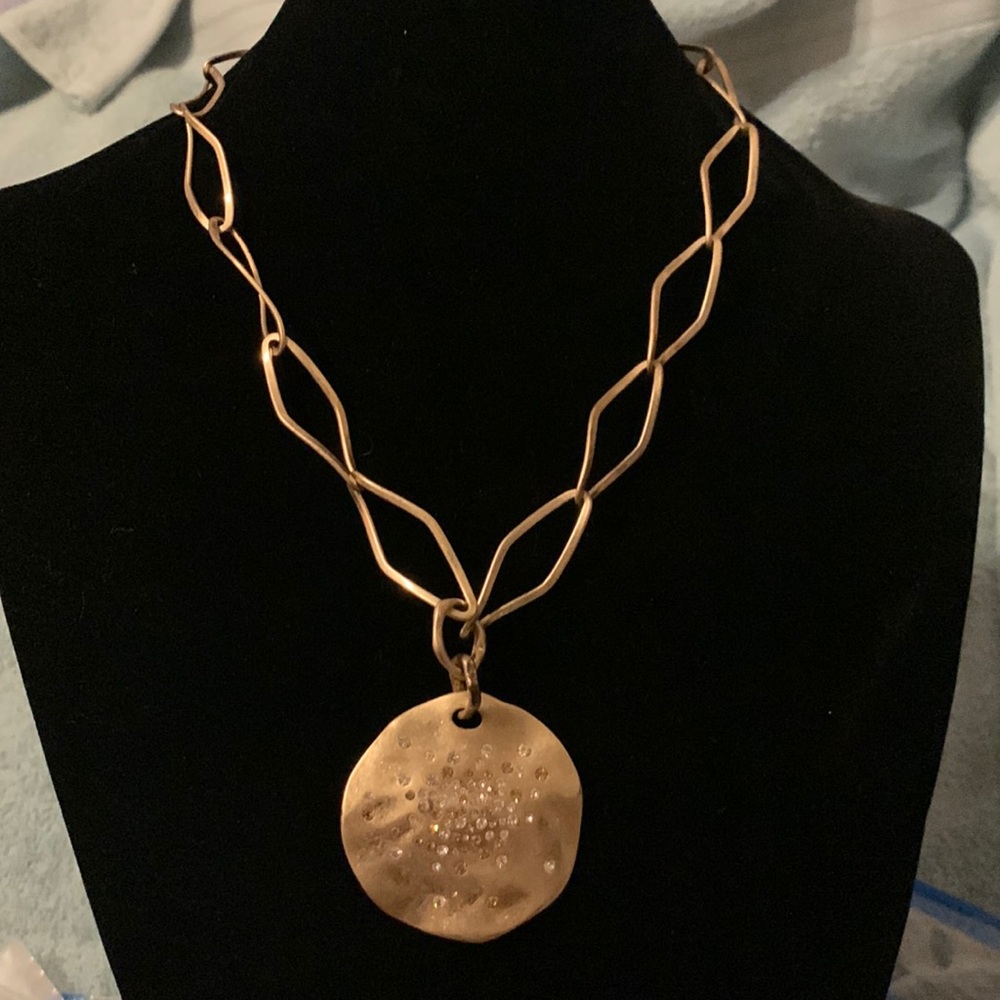 Brushed gold tone large chain link with medallion necklace